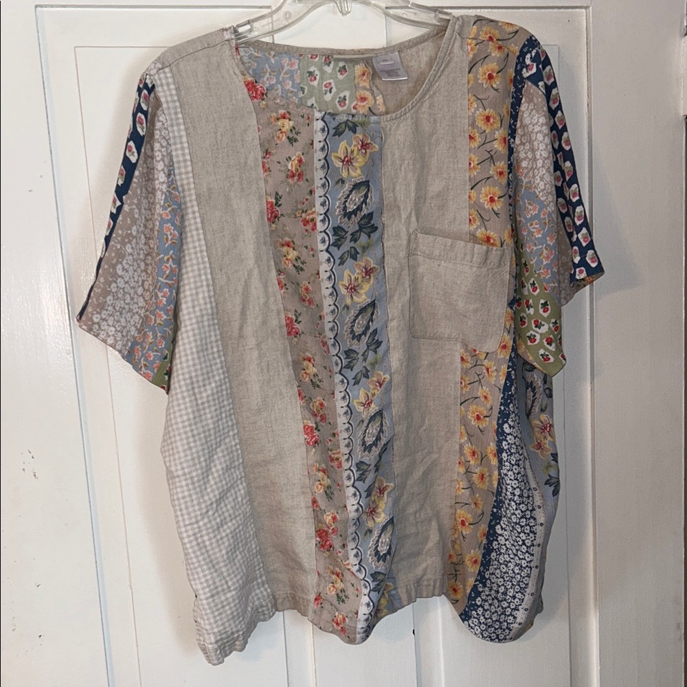 Susan Bristol Women’s Patchwork Short Sleeve Blouse 2X Boho Cottage Resort